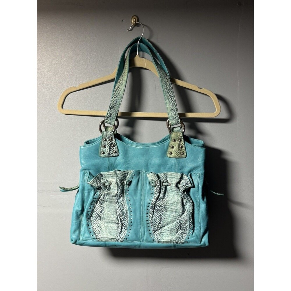 Carlos Falchi Chi Teal Blue Leather Handbag Purse